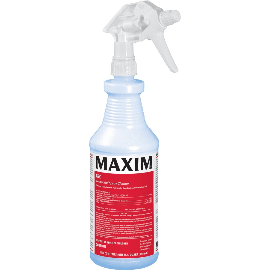 Maxim Germicidal Spray Cleaner - Ready-To-Use - 32 fl oz (1 quart) - Lemon Scent - 12 / Carton - Non-abrasive, Disinfectant, Easy to Use - Clear Maxim Germicidal Spray Cleaner - Ready-To-Use - 32 fl oz (1 quart) - Lemon Scent - 12 / Carton - Non-abrasive, Disinfectant, Easy to Use - Clear