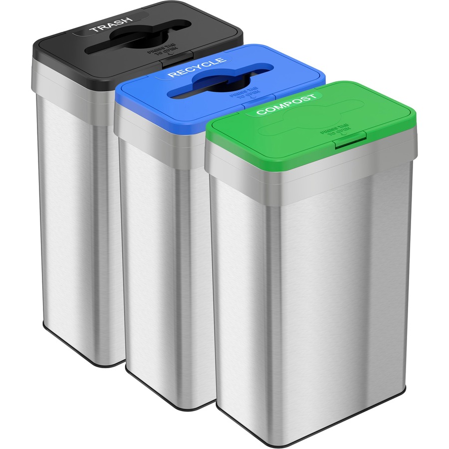 HLS Commercial 21-Gallon Trash/Recycle/Compost Can Set - Push Button Opening - 21 gal Capacity - Rectangular - Fingerprint Proof, Smudge Resistant, Easy to Clean - 34