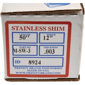 TRINITY BRAND INDUSTRIES Shim Stock: 0.003'' Thick, 50'' Long, 12" Wide, 302 Stainless Steel M-SW-3