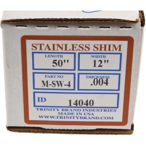 TRINITY BRAND INDUSTRIES Shim Stock: 0.004'' Thick, 50'' Long, 12" Wide, 302 Stainless Steel M-SW-4
