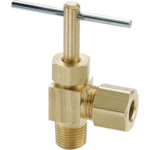 PARKER Needle Valve: Angled, 1/4 x 1/8" Pipe, Compression to Male Pipe End, Brass Body NV104C-4-2