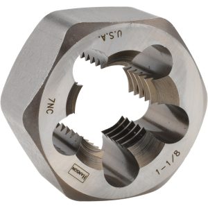 IRWIN HANSON Hex Rethreading Die: 1-1/8-7, 1" Thick, Right Hand, 2" Hex, Carbon Steel 7268