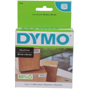 DYMO Label Maker Label: White, Die Cut Paper with Semi Perm Adhesive, 2-1/8" OAL, 1" OAW, 500 per Roll, 1 Roll 30336