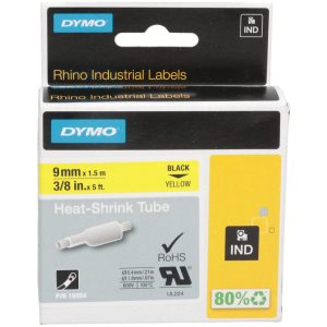 DYMO Label Maker Label: Yellow, Heat Shrinkable Polyolefin, 60" OAL, 3/8" OAW 18054