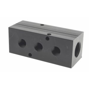 POLYCONN Manifold: 1/2" Inlet, 1/4" Outlet, 2 Inlet Ports, 3 Outlet Ports, 3.75" OAL, 1.5" OAW, 1-1/2" OAH PCM30-250-03B