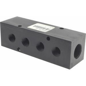 POLYCONN Manifold: 1/2" Inlet, 1/4" Outlet, 2 Inlet Ports, 4 Outlet Ports, 4.75" OAL, 1.5" OAW, 1-1/2" OAH PCM30-250-04B