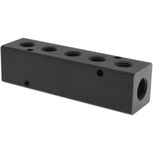 POLYCONN Manifold: 3/8" Inlet, 1/4" Outlet, 2 Inlet Ports, 5 Outlet Ports, 5" OAL, 1.25" OAW, 1-1/4" OAH PCM20-250-05B