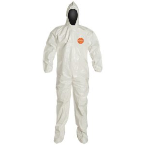 DUPONT Disposable Coveralls: Chemical & Bloodborne Pathogen Protection, Size 4X-Large, 3.6000 oz, Tychem 4000, Stormflaps & Zipper Closure SL122BWH4X001200