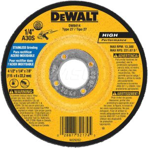 DEWALT Depressed Grinding Wheel: Type 27, 4-1/2" Dia, 1/4" Thick, 7/8" Hole, Aluminum Oxide DW8414