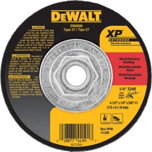 DEWALT Depressed Grinding Wheel: Type 27, 4-1/2" Dia, 1/4" Thick, Zirconia Alumina DW8809