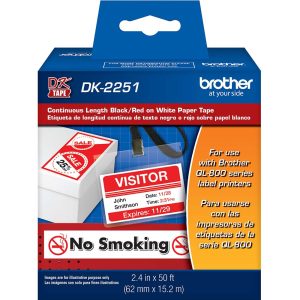 BROTHER Label Tape Ribbon: 50' Long, Black, Red & White, Paper DK2251