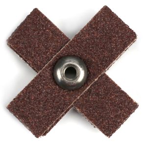 SUPERIOR ABRASIVES Cross & Square Pads; Pad Type: Cross; Abrasive Material: Aluminum Oxide; Pad Width (Inch): 1/2; Pad Length (Inch): 2; Grit: 60; Grade: General Purpose; Pad Thickness (Inch): 1/2; Eyelet Size: 8-32; Backing Material: Cloth; Backing Weight: J; Grit (FEPA): A017273