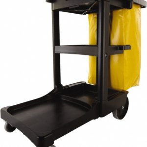 RUBBERMAID Rubbermaid Commercial Traditional Janitorial 3-Shelf Cleaning Cart, Wheeled with Zippered Yellow Vinyl Bag, Black, 38.4" x 21.8" x 46" FG617388BLA