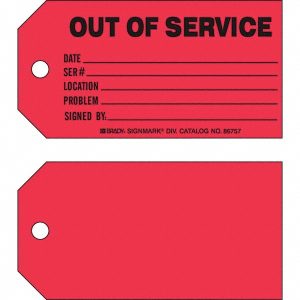 BRADY Safety Tag: Rectangle, 3" High, 5-3/4" Wide, Paper, "OUT OF SERVICE" 86757
