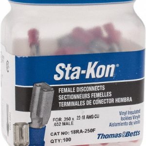 THOMAS & BETTS Wire Disconnect: Female, Red, Vinyl, 22-18 AWG, 1/4" Tab Width 18RA-250F
