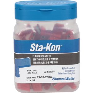 THOMAS & BETTS Wire Disconnect: Female, Red, Nylon, 22-18 AWG, 1/4" Tab Width RA18-250A