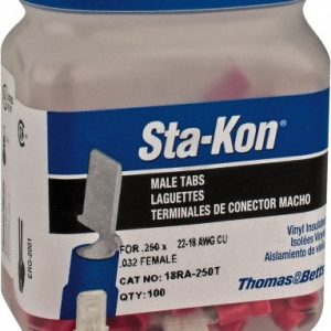 THOMAS & BETTS Wire Disconnect: Male, Red, Vinyl, 22-18 AWG, 1/4" Tab Width 18RA-250T