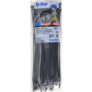 THOMAS & BETTS Standard Cable Tie: 11.6" Long, Black, Nylon TY5253MX