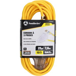 SOUTHWIRE 25', 12/3 Gauge/Conductors, Yellow Indoor & Outdoor Extension Cord 4187SW8802