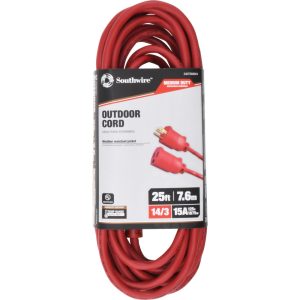 SOUTHWIRE 25', 14/3 Gauge/Conductors, Red Indoor & Outdoor Extension Cord 2407SW8804