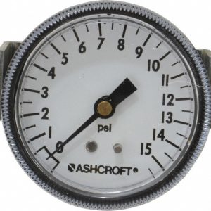 ASHCROFT Pressure Gauge: 2-1/2" Dial, 0 to 15 psi, 1/4" Thread, NPT, Center Back Mount 662876001422