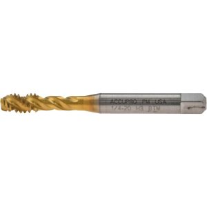 ACCUPRO Spiral Flute Tap: 1/4-20, UNC, 3 Flute, Modified Bottoming Chamfer, 3B Class of Fit, Powdered Metal, TiN Finish 40083-01T