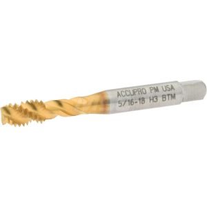 ACCUPRO Spiral Flute Tap: 5/16-18, UNC, 3 Flute, Modified Bottoming Chamfer, 3B Class of Fit, Powdered Metal, TiN Finish 40103-01T