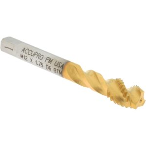 ACCUPRO Spiral Flute Tap: M12x1.75, Metric Coarse, 3 Flute, Modified Bottoming Chamfer, 6H Class of Fit, Powdered Metal, TiN Finish 43086-00T