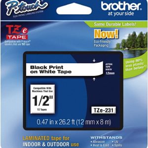 BROTHER Label Tape: 1/2" x 26.2', White TZE231G