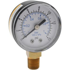 VALUE COLLECTION Pressure Gauge: 2" Dial, 15 psi, 1/4" Thread, NPT, Lower Mount 111CL20015