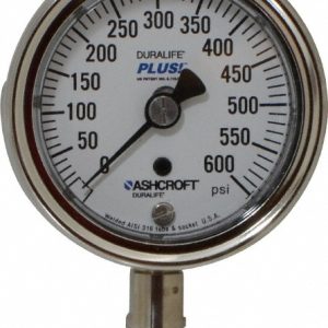 ASHCROFT Pressure Gauge: 2-1/2" Dial, 0 to 600 psi, 1/4" Thread, MNPT, Lower Mount 94333XLL