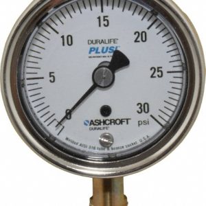 ASHCROFT Pressure Gauge: 2-1/2" Dial, 0 to 30 psi, 1/4" Thread, MNPT, Lower Mount 94577XLL