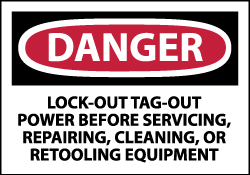 ACCUFORMNMC Accident Prevention Label: "Danger - Lock Out, Tag-out Power Before Servicing, Repairing, Cleaning, or Retooling Equipment", Rectangle, 5" Wide, 3" High D303AP