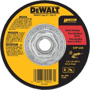 DEWALT Depressed Grinding Wheel: Type 27, 4-1/2" Dia, 1/4" Thick, Aluminum Oxide DW4523