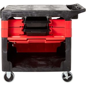 RUBBERMAID Trades Tool Utility Cart, Locking Cabinet, with 2 Parts Boxes & 4 Parts Bins, 330 lb. Capacity, 5" Casters, Black FG618088BLA