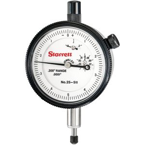 STARRETT Dial Drop Indicator: 0 to 0.2" Range, 0-5-0 Dial Reading, 0.0001" Graduation, 2-1/4" Dial Dia 53299